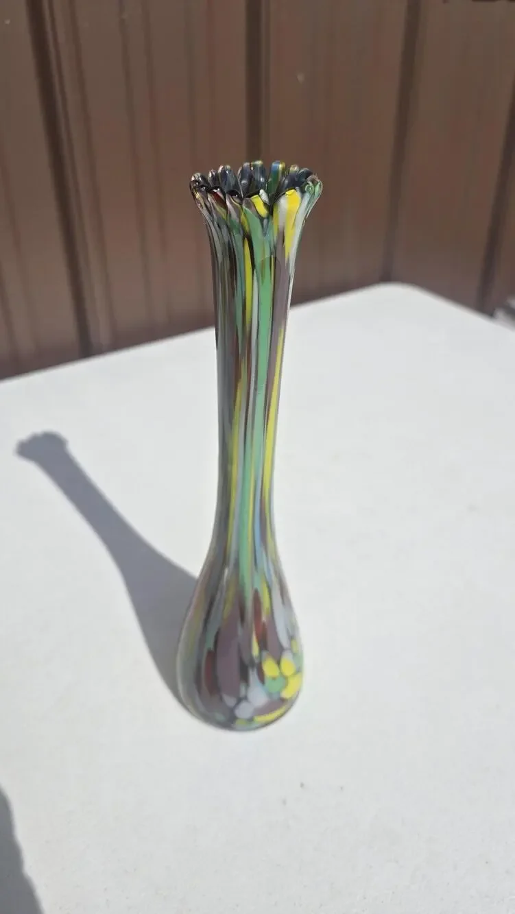 Hand Blown Studio Art Glass Swung Bud Vase Multicolor Confetti Ruffled Rim Swirl